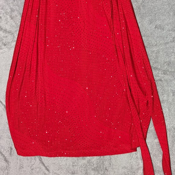 Calvin Klein red sequin scoop neck split bell sleeve red belted dress - Picture 7 of 16